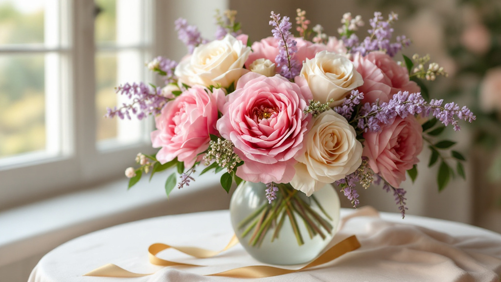 Celebratory birthday bouquet with pink peonies, cream roses and lavender in a glass vase by the window