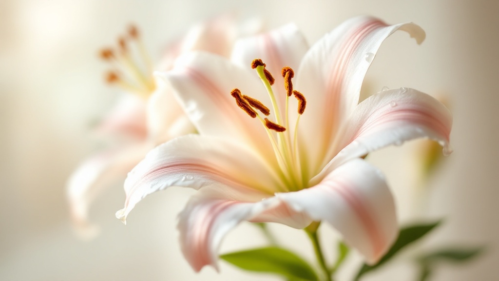 Weiße und zartrosa Lilien in voller Blüte mit goldenen Staubgefäßen – Lilien pflegen für längere Blütezeit