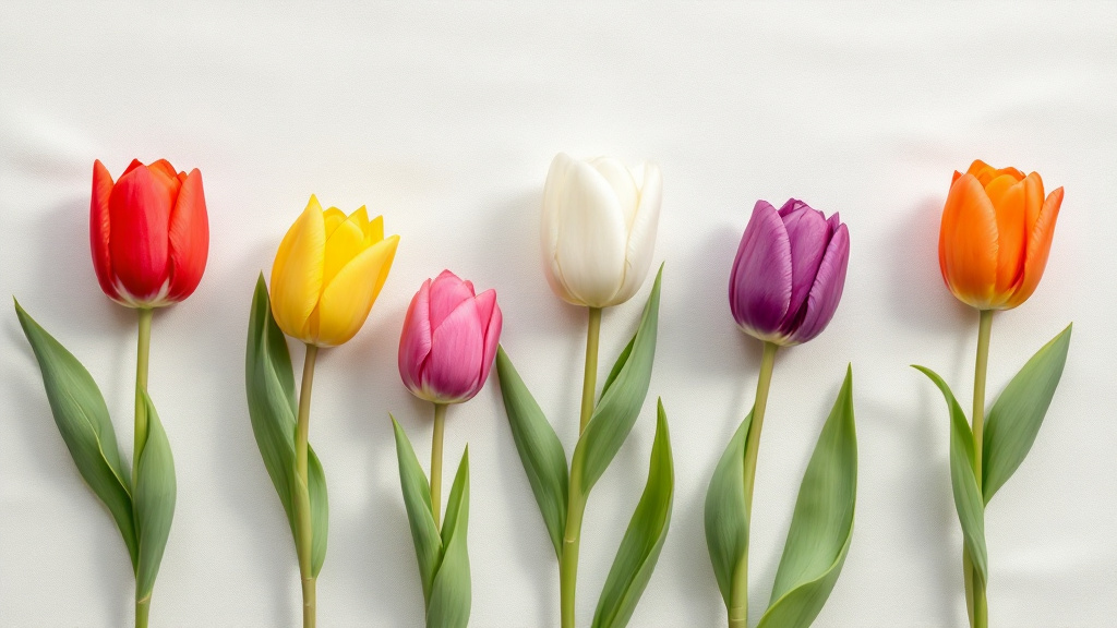 Tulpen in sechs Farben – Rot, Gelb, Weiß, Pink, Lila und Orange – als Flat-Lay auf cremefarbenem Leinenstoff