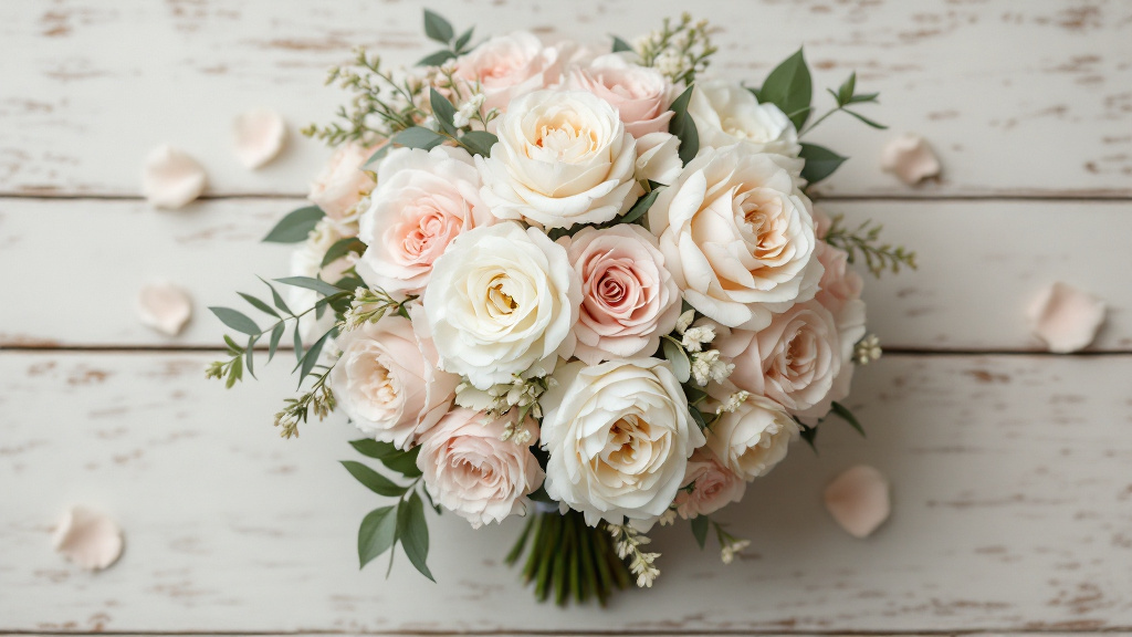 Romantischer Hochzeitstag-Strauß mit Rosen, Pfingstrosen und Ranunkeln in Blush-Tönen auf weißem Holztisch