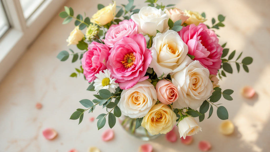 Festlicher Geburtstagsstrauß mit pinken Ranunkeln, weißen Freesien und gelben Rosen in Glasvase – Blumen zum 18. Geburtstag