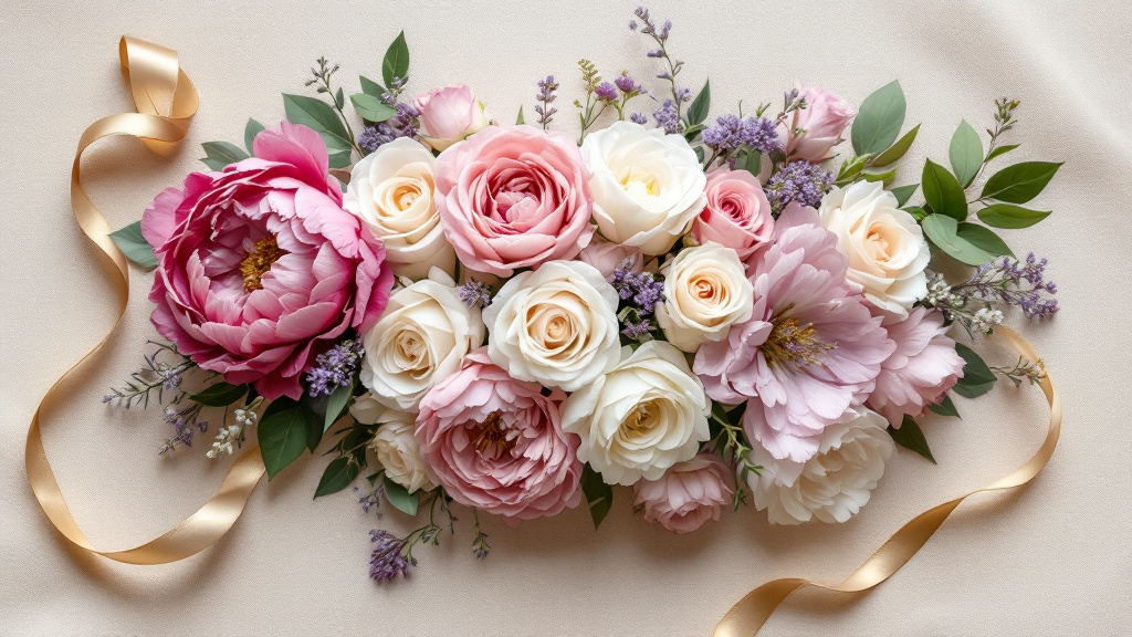 Festive flower arrangement for a 70th birthday featuring pink peonies, white roses and freesias on cream linen