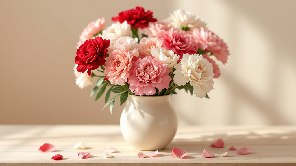 Nelken in Rot, Rosa und Weiß in cremefarbener Keramikvase auf Holztisch — Nelken Bedeutung und Symbolik