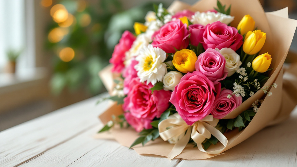 Festlicher Strauß mit pinkfarbenen Rosen, weißen Ranunkeln und gelben Tulpen auf hellem Holztisch zum 18. Geburtstag
