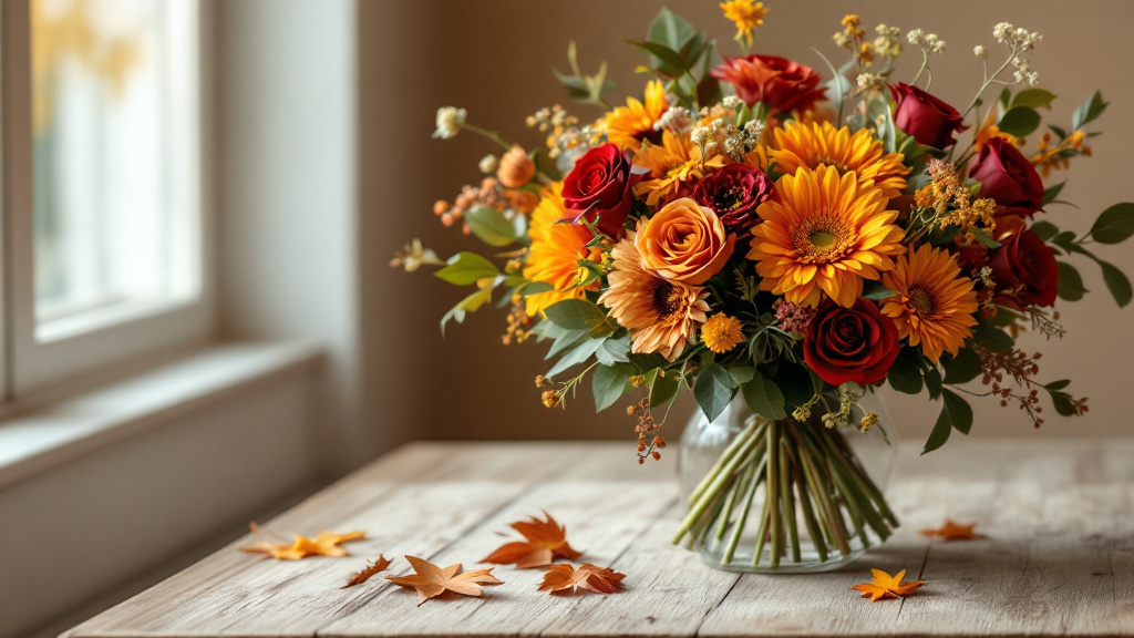 Herbstlicher Blumenstrauß mit orangefarbenen Rosen, Dahlien und Chrysanthemen auf Holztisch – herbst blumen verschicken