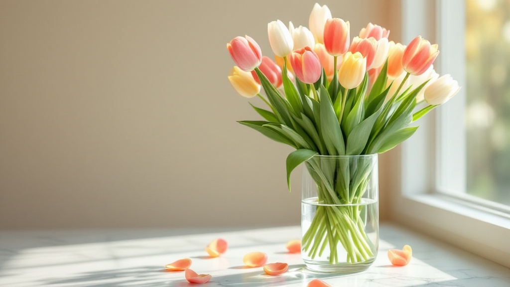Frische Tulpen in Koralle, Gelb und Weiß in einer Glasvase am Fenster – Tipps zum Tulpen pflegen