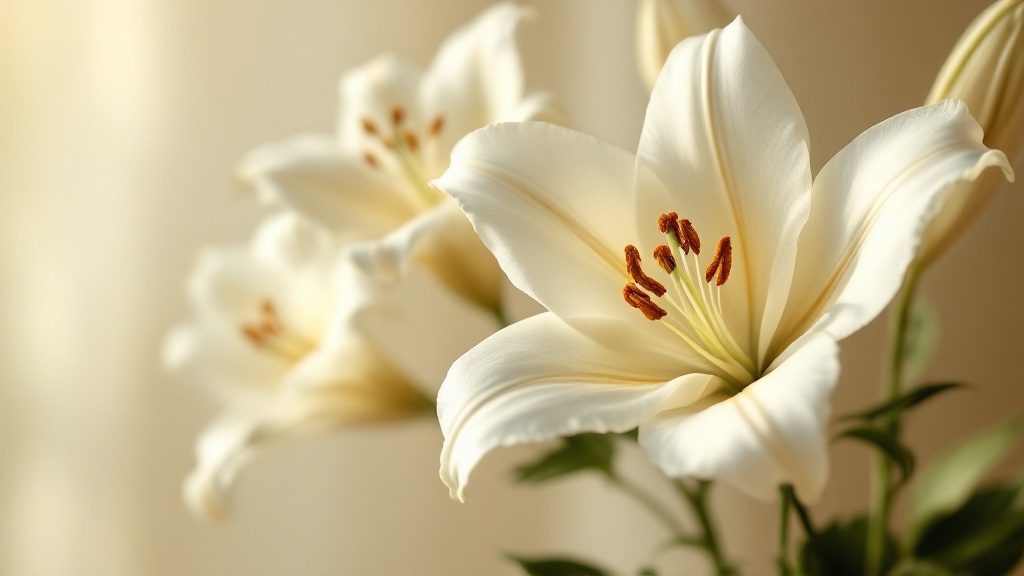 Weiße Lilien in voller Blüte mit goldenen Staubgefäßen – Lilien Bedeutung: Reinheit und Eleganz