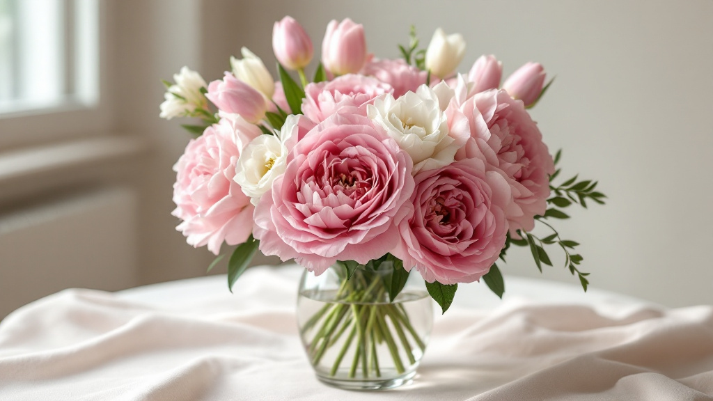 Festlicher Strauß mit rosa Rosen, weißen Pfingstrosen und lila Tulpen in Glasvase – beliebteste Blumen zum 18. Geburtstag