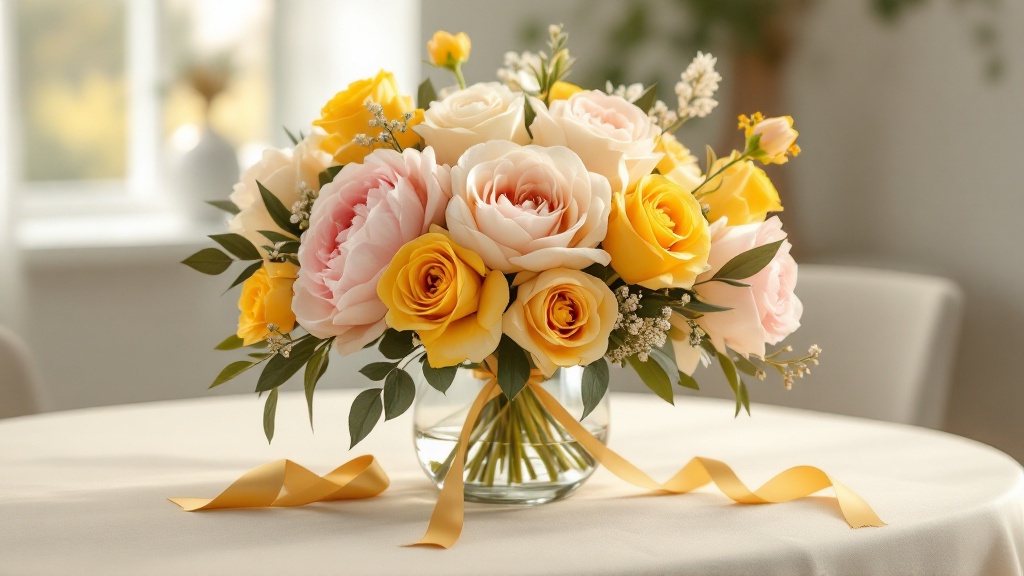 Festlicher Geburtstagsstrauß mit goldgelben Rosen und rosa Pfingstrosen in Glasvase – Blumen zum 50. Geburtstag