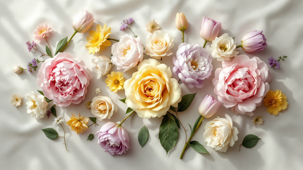 Flach gelegte Pfingstrosen, Rosen und Tulpen in Rosa, Gelb und Lila – Blumen als Geschenkidee für jeden Anlass