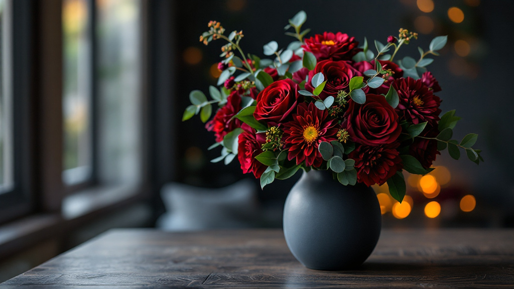 Valentinstag Blumen für den Mann: eleganter Strauß mit burgunderroten Rosen und Dahlien in mattschwarzer Keramikvase