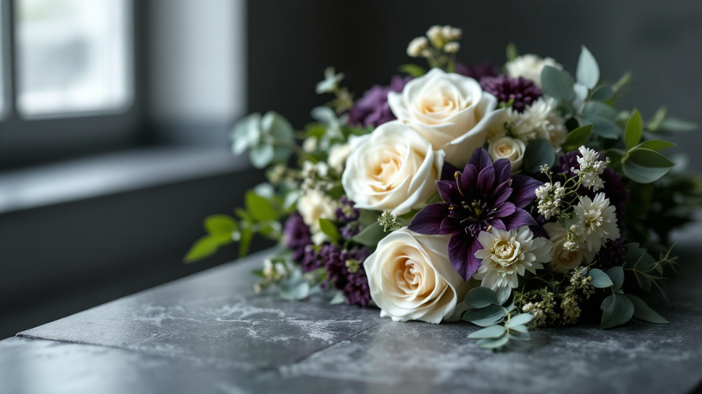 Beileid-Strauß mit weißen Rosen, lila Lisianthus und Chrysanthemen auf grauem Stein – beliebteste Blumen zum Beileid