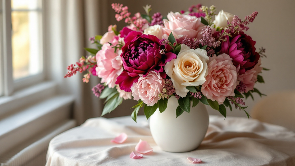 Festlicher Geburtstagsstrauß mit pinkfarbenen Pfingstrosen, Rosen und Lisianthus in weißer Vase – ideal zum 40. Geburtstag