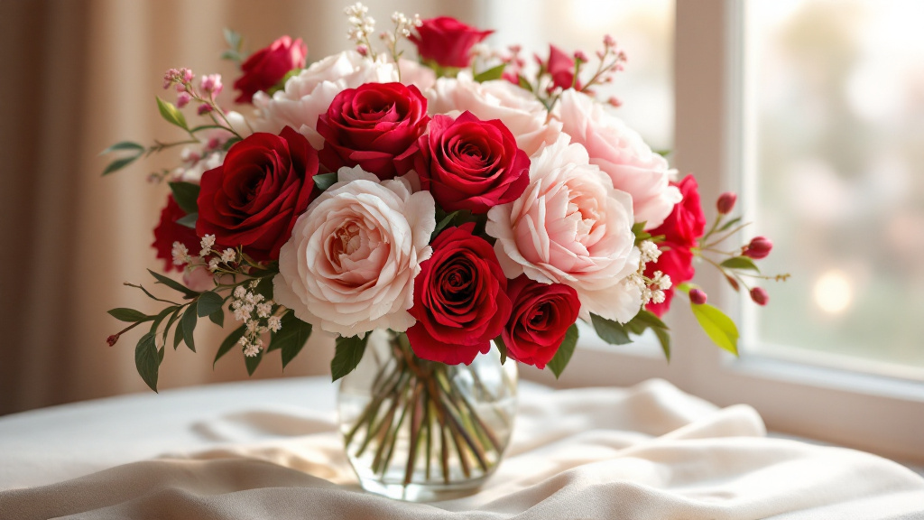 Romantischer Blumenstrauß mit roten Rosen, rosa Pfingstrosen und weißen Ranunkeln in Glasvase – romantische Blumen Bedeutung