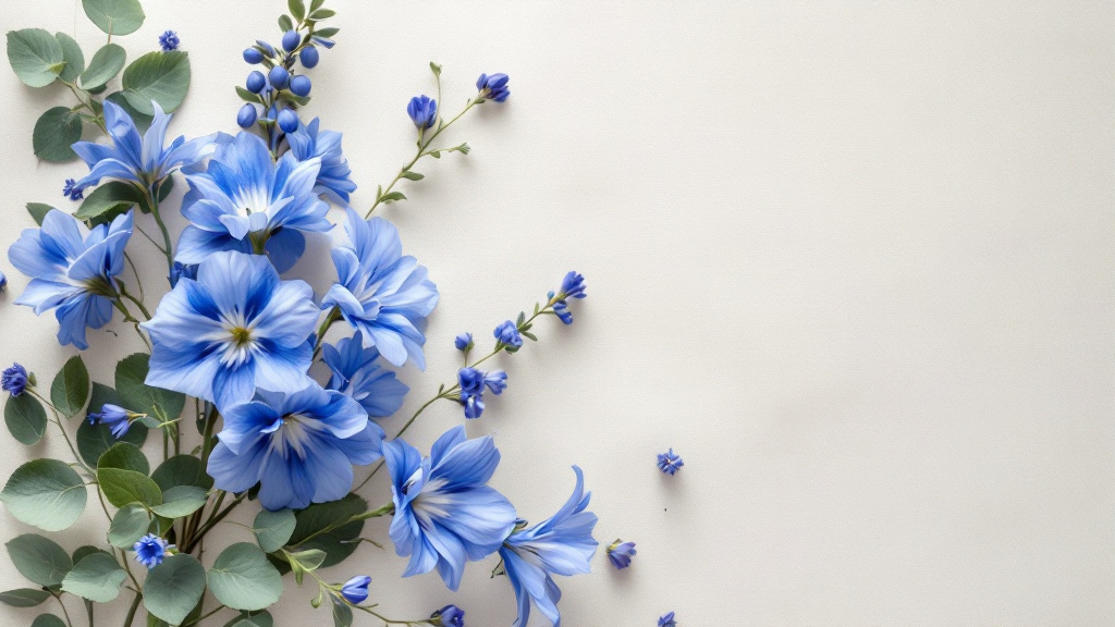 Blaue Blumen bestellen – Delphinien, Hortensien und Muscari als Flat-lay auf cremefarbenem Leinenstoff