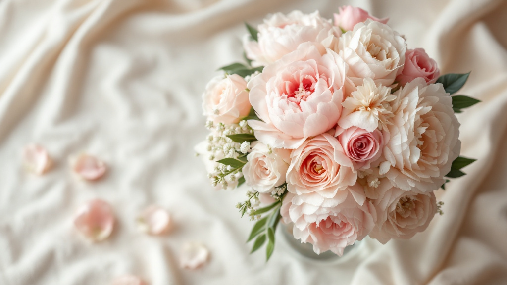 Geburtstagsstrauß mit rosa Pfingstrosen, Pfirsichrosen und weißen Ranunkeln in Glasvase – Blumen Geburtstag Frau Ideen
