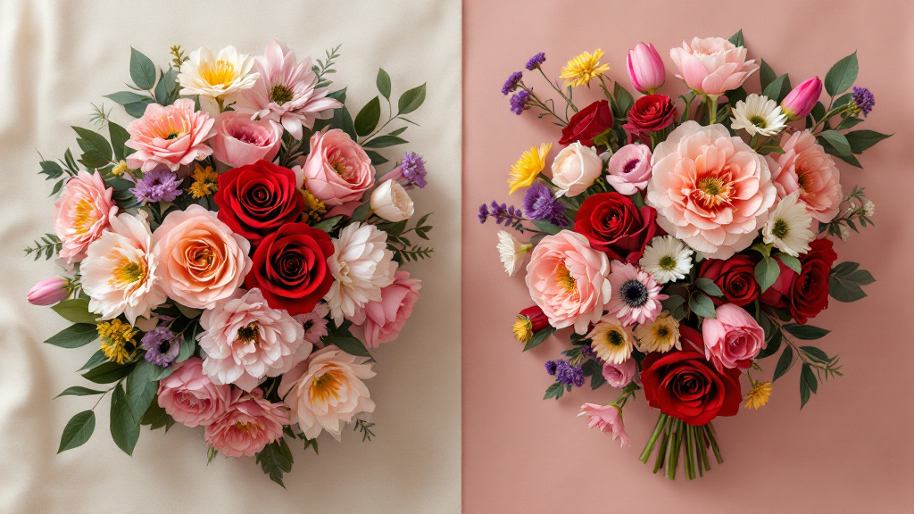 Rote Rosen neben buntem Strauß aus Pfingstrosen, Tulpen und Ranunkeln – welche Blumen Frauen mögen im Vergleich