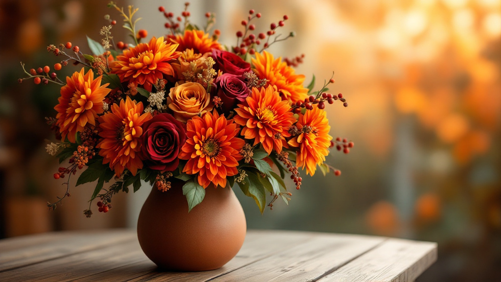 Autumn bouquet with orange dahlias, burgundy chrysanthemums and roses in a terracotta vase – most popular autumn flowers