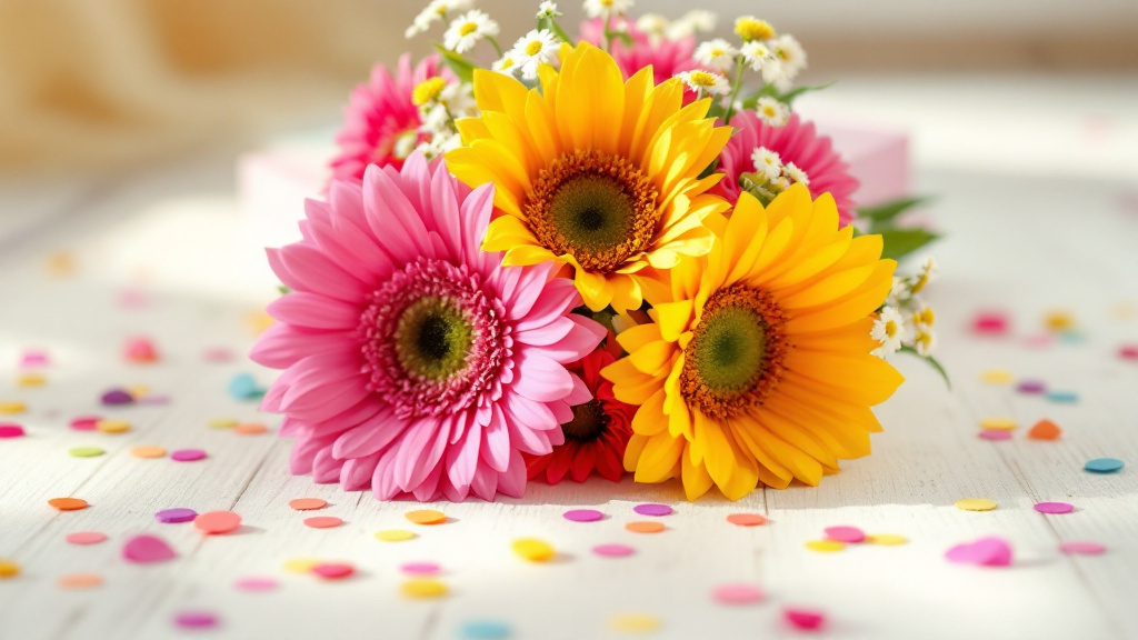 Bunter Geburtstagsstrauß mit Sonnenblumen und pinken Gerberas für Kinder, Draufsicht auf weißem Holz mit Konfetti