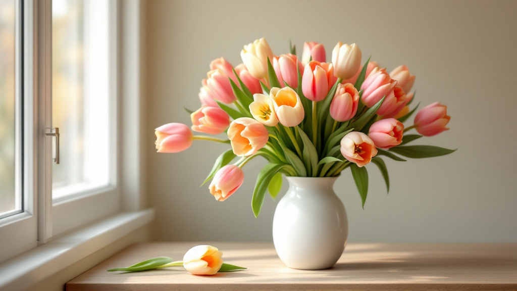 Bunter Tulpenstrauß in Rosa, Koralle und Creme in weißer Vase auf Holztisch – Tulpen zum Muttertag