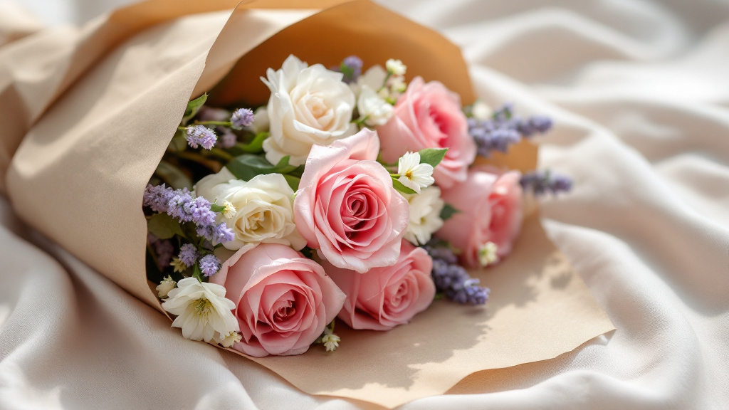 Frisch gelieferte Rosen, Ranunkeln und Lavendel in Kraftpapier – Blumen bestellen Tipps für einen perfekten Strauß