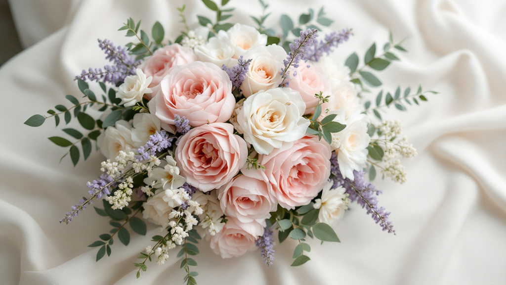 Festlicher Strauß mit rosa Pfingstrosen, weißen Rosen und Freesien auf cremefarbenem Leinentuch – Blumen zum 90. Geburtstag