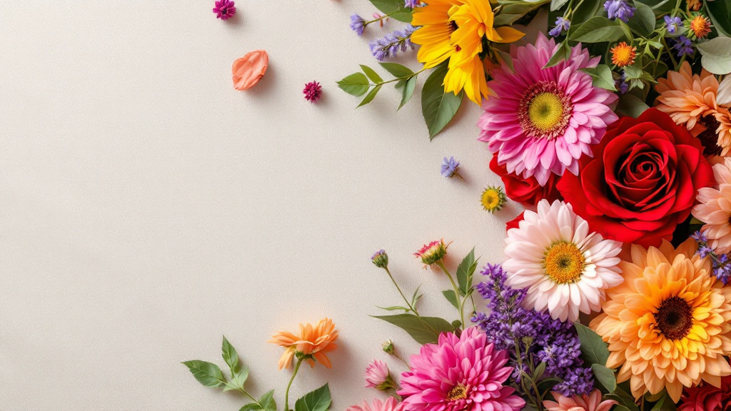 Beliebteste Blumen im Sommer: Rosen, Sonnenblumen, Lavendel und Zinnien als farbenfrohes Flat-lay-Arrangement