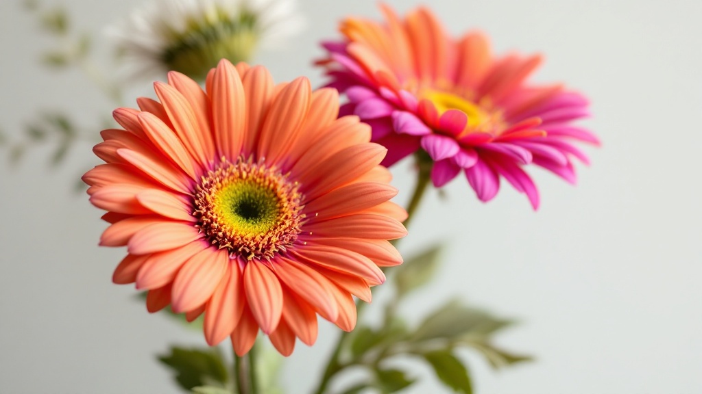 Leuchtend bunte Gerbera in Koralle, Gelb und Magenta als Nahaufnahme vor cremefarbenem Hintergrund