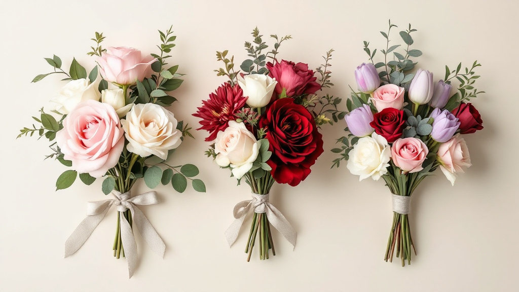 Drei kleine Blumensträuße mit Rosen, Dahlien und Tulpen für verschiedene Anlässe auf cremefarbenem Untergrund