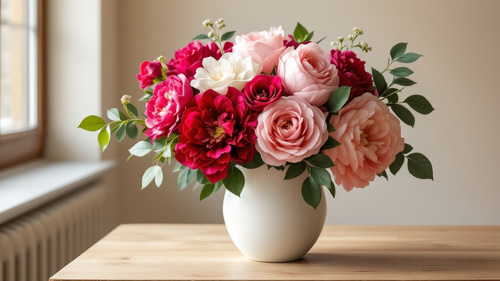 Festlicher Geburtstagsstrauß mit Pfingstrosen, Rosen und Ranunkeln in weißer Vase zum 30. Geburtstag