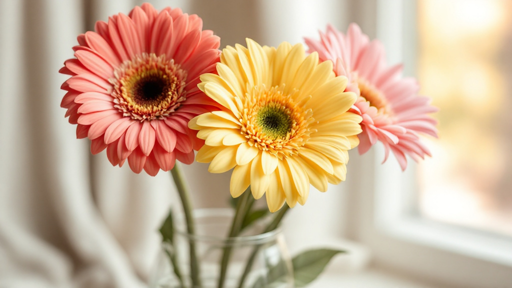 Gerbera in Koralle, Gelb und Rosa in einer Glasvase – richtig gepflegt für längere Haltbarkeit