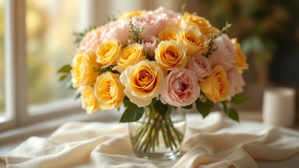 Festlicher Strauß aus goldgelben Rosen und rosa Pfingstrosen in Glasvase – 50. Geburtstag Bedeutung und Symbolik