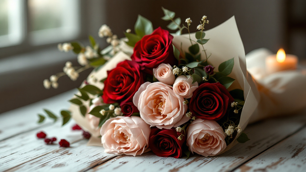 Romantischer Strauß mit roten Rosen und Pfingstrosen auf weißem Holztisch – perfekte Blumen zum Jahrestag