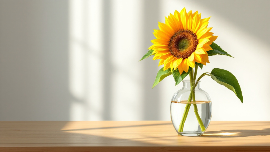 Sonnenblume in Glasvase auf Holztisch – goldgelbe Blüte im Gegenlicht, Tipps zum Sonnenblume pflegen