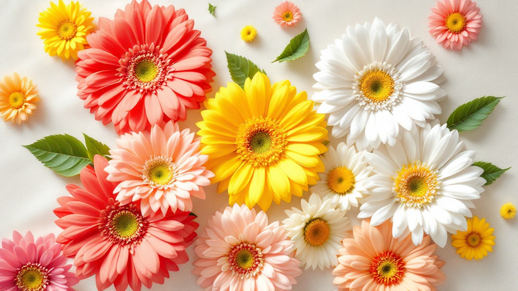 Bunte Gerbera in Koralle, Gelb und Rosa als Flat-lay auf cremefarbenem Leinenstoff – Gerbera für jeden Anlass