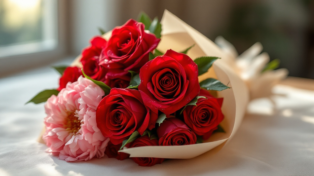 Romantischer Valentinstag-Strauß mit roten Rosen und rosa Pfingstrosen in cremefarbenem Seidenpapier – last minute Blumen bestellen