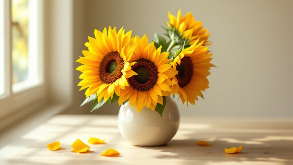 Frische Sonnenblumen in cremefarbener Vase auf Holztisch – goldgelbe Blüten mit sattbraunem Kern im Sonnenlicht