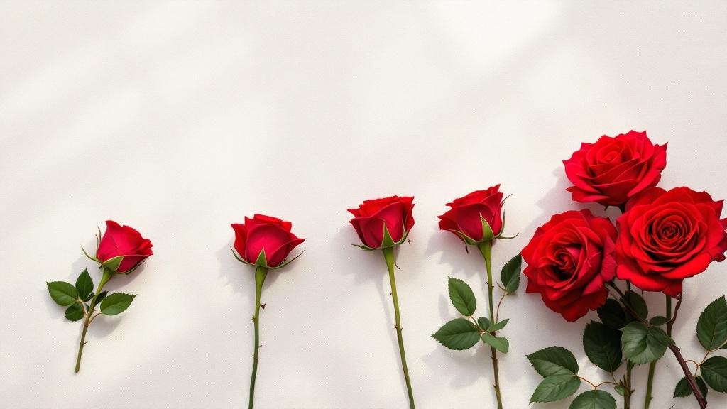 Anzahl Rosen Bedeutung: einzelne rote Rose neben Gruppen von drei und fünf Rosen auf cremefarbenem Leinenstoff