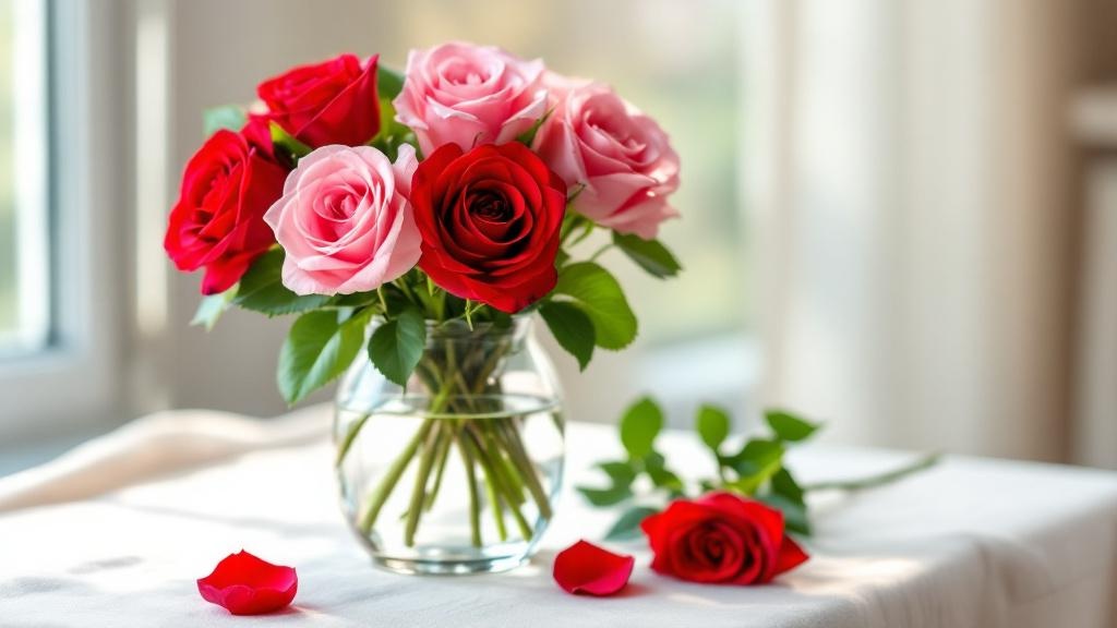 Rote und rosa Rosen in einer Glasvase auf Leinentuch – so halten Schnittblumen länger frisch
