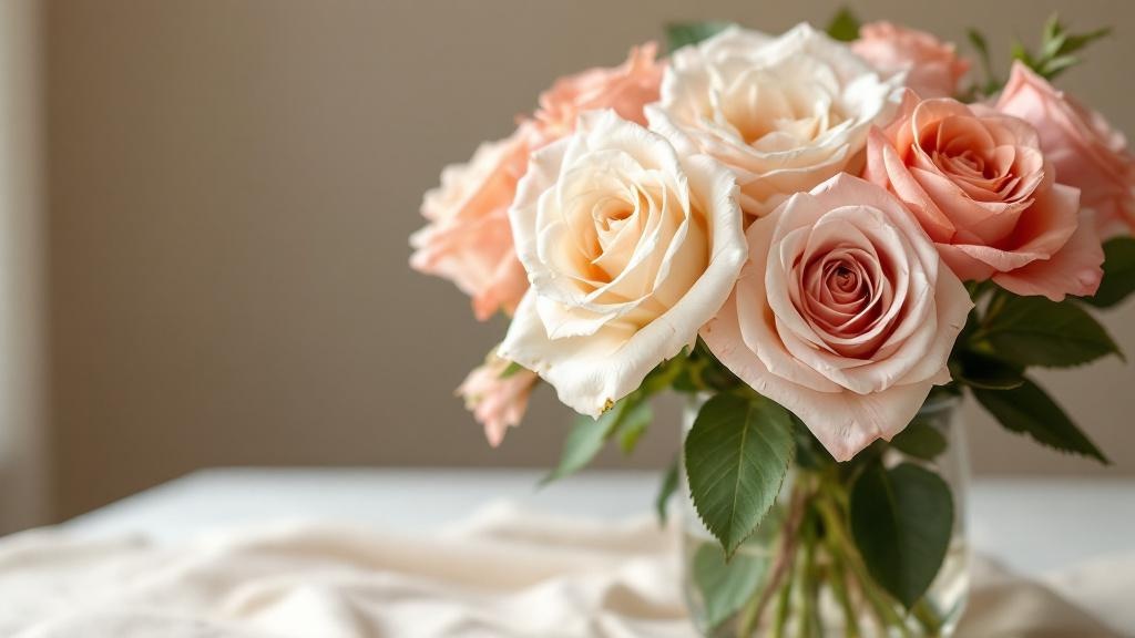 Üppiger Muttertagsstrauß mit rosa, korallen- und cremefarbenen Rosen in Glasvase auf cremefarbenem Leinentuch