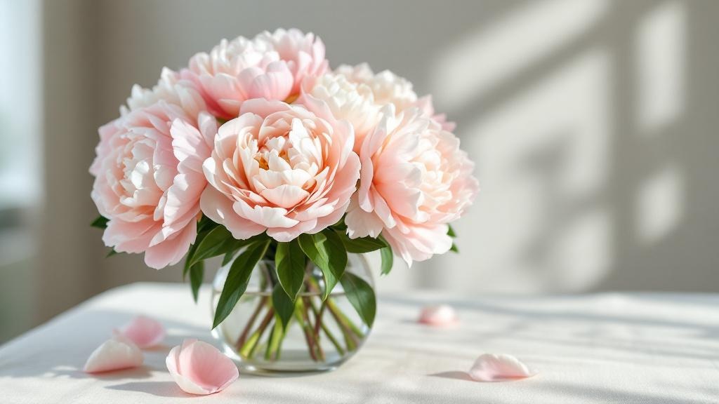 Üppige Pfingstrosen in Zartrosa und Creme in einer Glasvase – frisch bestellt und in voller Blüte