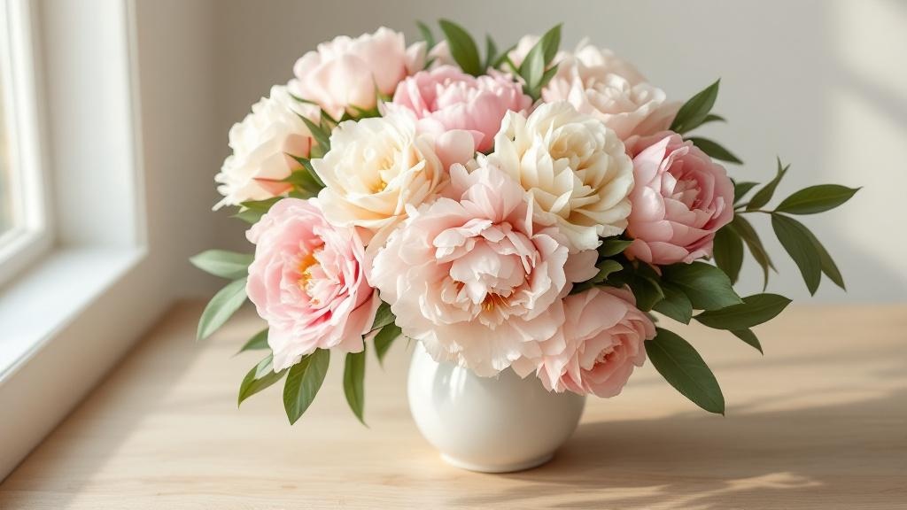 Üppiger Muttertagsstrauß mit rosa Pfingstrosen und weißen Rosen in heller Keramikvase auf Holztisch