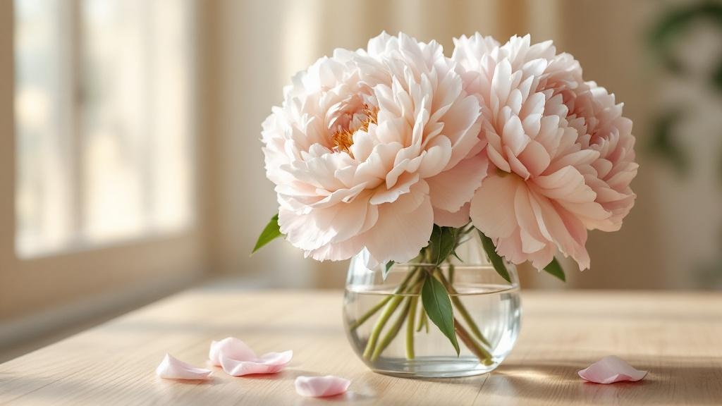 Üppige Pfingstrosen in Rosa und Creme in einer Glasvase auf Holztisch — Tipps zur Pflege für längere Haltbarkeit