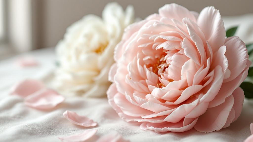 Aufgeblühte Pfingstrosen in Zartrosa und Cremeweiß auf Leinenstoff – Symbolik und Bedeutung der Pfingstrose