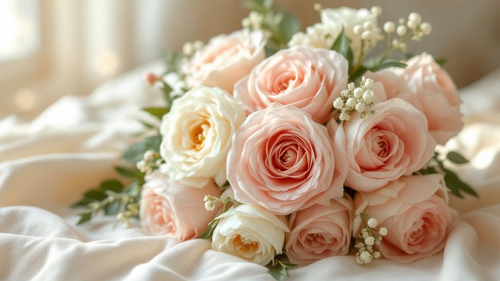 Üppiger Muttertagsstrauß mit rosafarbenen Rosen, Pfingstrosen und weißen Ranunkeln auf cremefarbenem Leinenstoff