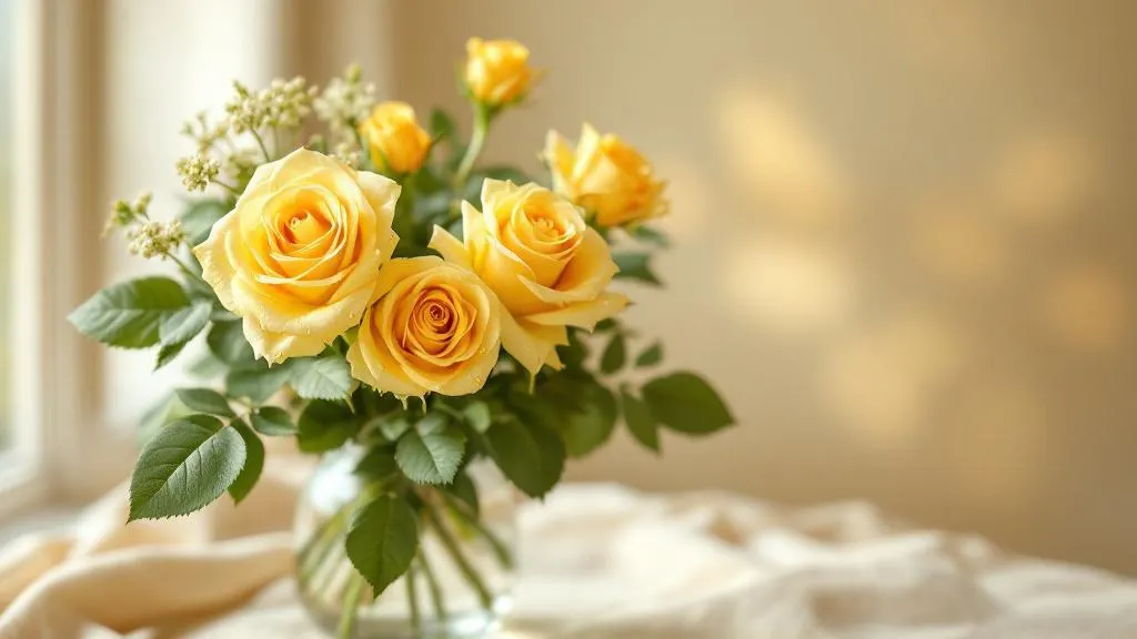 Strahlend gelbe Rosen in einer Glasvase auf cremefarbenem Leinentuch – Symbol für Freude und Freundschaft