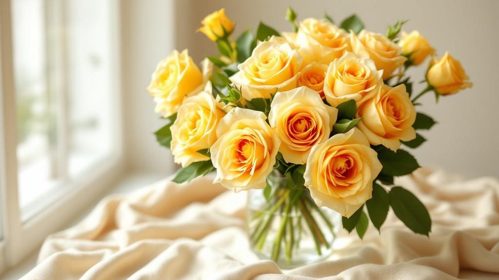 Leuchtend gelbe Rosen in einer Glasvase auf hellem Leinenstoff – Symbolik und Bedeutung gelber Rosen