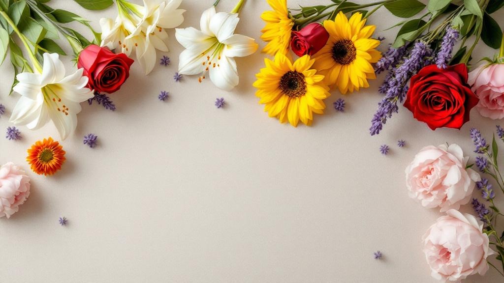 Rote Rosen, weiße Lilien, Pfingstrosen und Lavendel als Flat-Lay – Blumen Bedeutung auf einen Blick