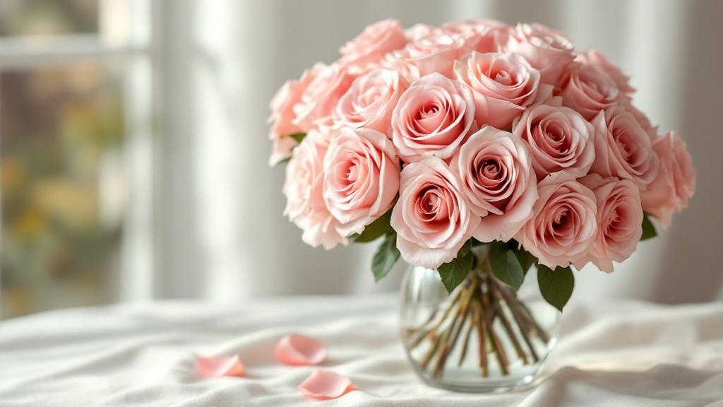 Rosa Rosen in verschiedenen Rosatönen in einer Glasvase auf cremefarbenem Leinenstoff – Tipps zum rosa Rosen bestellen