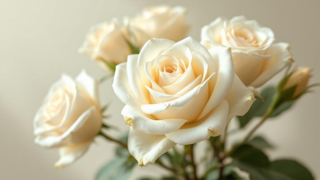 Weiße Rosen in voller Blüte mit Wassertropfen auf den Blütenblättern – zeitlose Eleganz beim Online-Bestellen